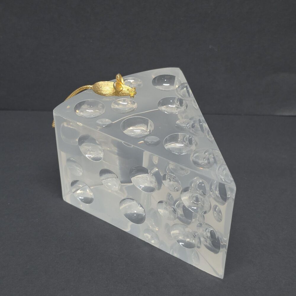 VINTAGE LUCITE SWISS CHEESE WITH GOLD TONE MOUSE PAPERWEIGHT MCM